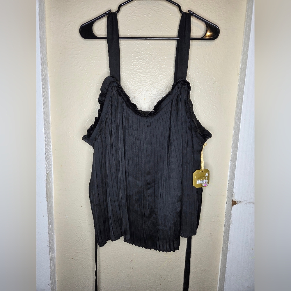 RYE GRASS Black Pleated Satin Cami Top with Satin Ribbon Womens Plus Size 2x NWT